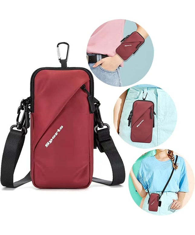 Cell Phone Holder, Small Crossbody Shoulder Holsters Bag with Arm Band, Fits iPhone and Android, Use for Running, Walking, Hiking & Biking (6.7 Inches, Red)