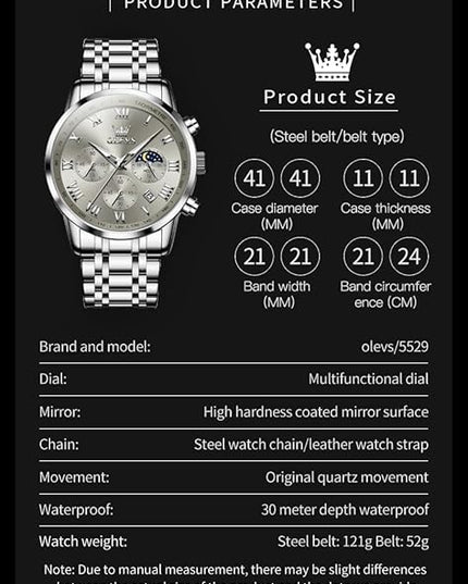 OLEVS Mens Watch Luxury Big Face Stainless Steel Analog Quartz Multifunctional Waterproof Luminous Date Two Tone Fashion Dress Wrist Watches for Man