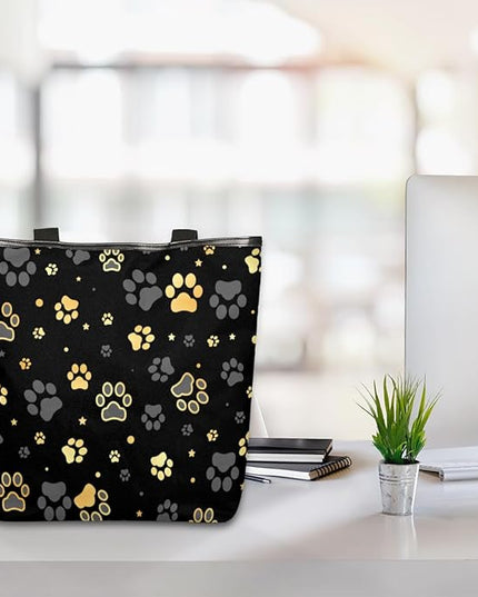 Pardick Black Paw Printed Canvas Tote Bag, Eco Friendly Cute Reusable Grocery Shopping Bags Beach Bag Book Tote Handbags Washable Shoulder Bags With Zipper Inner Pocket for Women Girls