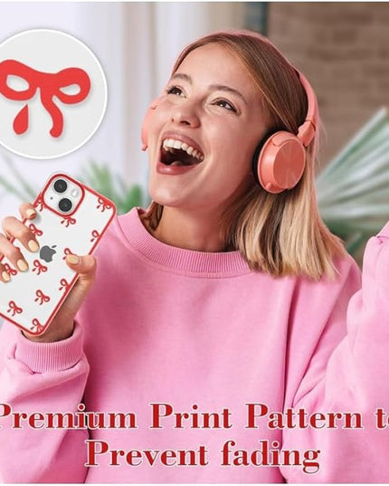 Designed for iPhone Case,Clear Cute Ribbon Bowknot Pattern Aesthetic Transparent Phone Case Raised Camera Protection Stylish Slim Soft Phone Case (Red,iPhone 14 Plus)