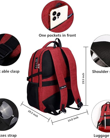 SHRRADOO Anti Theft Laptop Backpack Travel Backpacks with usb Charging Port for Women Men High School College Backpack Computer Bag Fits 17 Inch Laptop,Red
