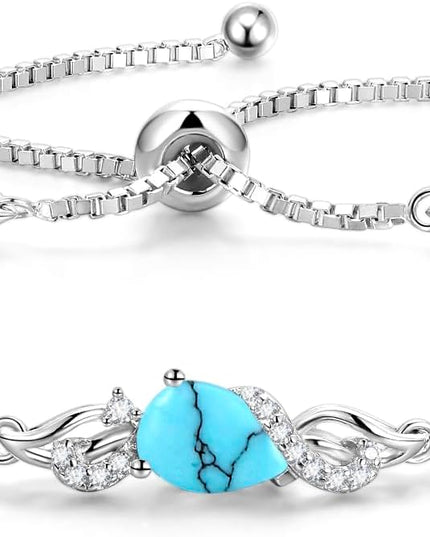 FANCIME Birthstone Teardrop Tennis Bracelet for Women, Sterling Silver 9x7mm main Gemstone Bolo Adjustable Chain Bracelet Fine Jewelry Birthday Gifts for Women Mom Wife Her