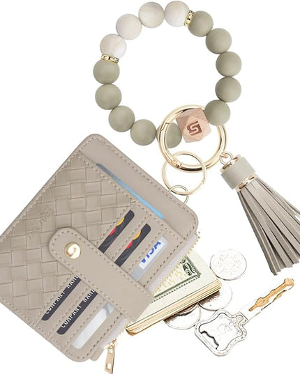 COOLANS Silicone Bracelet Wristlet Wallet Credit Card Holder RFID,ID Window,Key Ring Tassel,Slim Wallet Women Keychain Purse