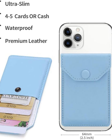Self Adhesive Cell Phone Leather Wallet Stick On Card Holder fits Most Credit Card Holder Pocket Wallet for Men Women - RFID Blocking Sleeve Covers Light Blue