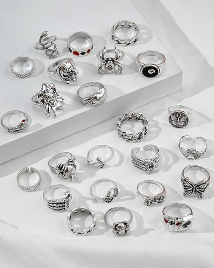 KISS WIFE Cool Rings Set for Women, Vintage Silver Punk Rings Bulk, Gothic Chunky Knuckle Emo Stackable Finger Ring Pack Western Jewelry Gift for Her