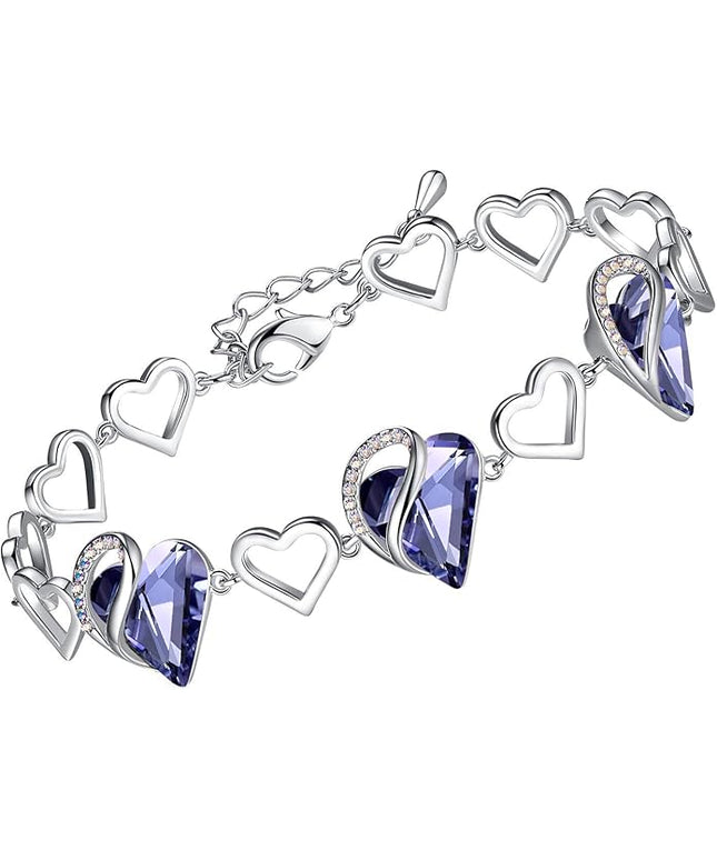 Leafael Infinity Love Heart Link Bracelets, Birthstone or Healing Stone Crystal Bracelet for Women, Silver Tone Jewelry Gifts for Her, 7-inch Chain and 2-inch Extender