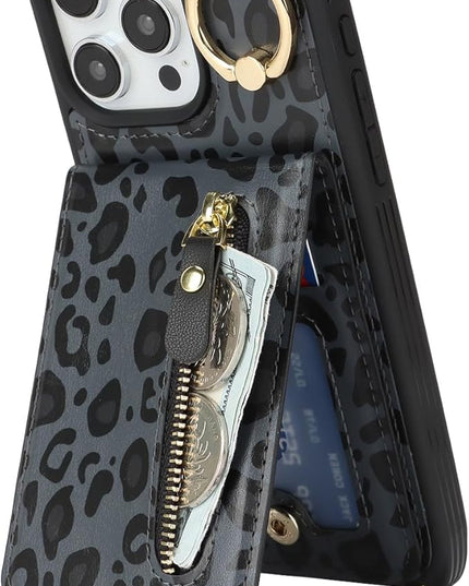 for iPhone 15 Pro Max Wallet Case with Card Holder, for iPhone 15 Pro Max Case Wallet with Strap Credit Card Slot, Crossbody Bag with Zipper Case for iPhone15 Pro Max - Black Leopard