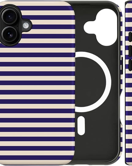 Magnetic for iPhone 16 Plus Case Cute Stripes Phone Case, Shockproof Slim TPU and Hard PC Protective Phone Cover Compatible with MagSafe Designed for Women Girls, Blue&Apricot