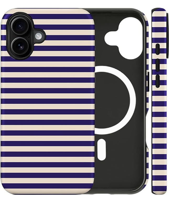 Magnetic for iPhone 17 Case Cute Stripes Phone Case, Shockproof Slim TPU and Hard PC Protective Phone Cover Compatible with MagSafe Designed for Women Girls, Blue&Apricot