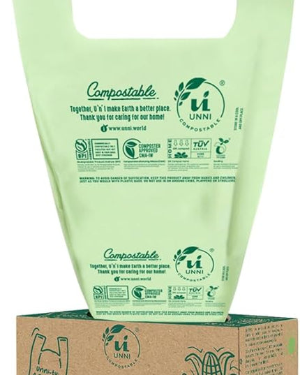 UNNI Compostable T-Shirt Bags with Tie Handles, 13 Gallon / 49.2 Liter, 30 Count, 0.87 mil Tall Kitchen Compost Liners, Certified by BPI, CMA & OK compost HOME, Meets ASTM D6400