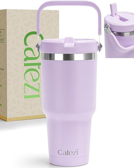 30 oz Tumbler with Handle, Vacuum Insulated Tumblers with Flip Straw and Top Handle, Reusable Insulated Cup for Home, Outdoors, Leakproof, Fits in Cup Holder, Cold for 30 Hours