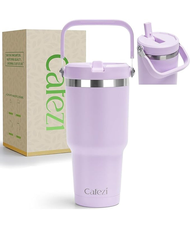 30 oz Tumbler with Handle, Vacuum Insulated Tumblers with Flip Straw and Top Handle, Reusable Insulated Cup for Home, Outdoors, Leakproof, Fits in Cup Holder, Cold for 30 Hours