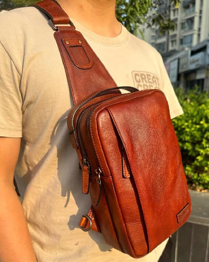 Genuine Leather Sling Bag for Men and Women Chest Bag Purse Crossbody Shoulder Bags Backpack Hiking Backpack Daypack (Brown)