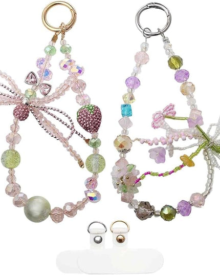 Phone Charm Wrist Strap with Diamond Inlay, Strawberry Bow & Crystal Flower Design for iPhone, Kindle, Camera, Pink Purple Green Key Wristlet, Lanyard for womens keychain wristlet