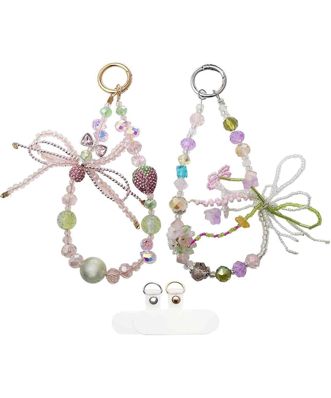 Phone Charm Wrist Strap with Diamond Inlay, Strawberry Bow & Crystal Flower Design for iPhone, Kindle, Camera, Pink Purple Green Key Wristlet, Lanyard for womens keychain wristlet