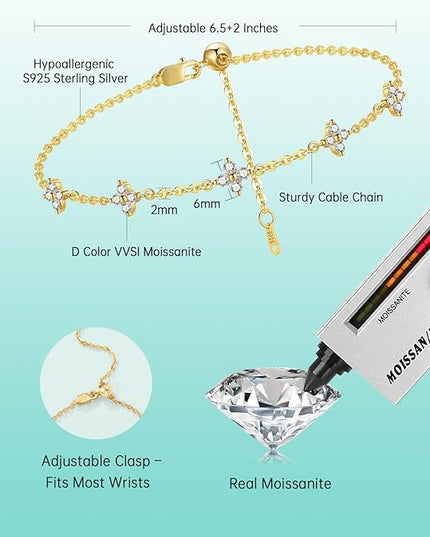 Moissanite Four Leaf Clover Charm Bracelet for Women,Symbol of Love & Luck,14K Gold/White Gold Plated D Color VVS1 Moissanite, 6.5+2Inch Adjustable Hypoallergenic Cable Chain,Ready to Dainty Lucky Jewelry Gift for Valentine’s Day Bracelet from Boyfrien...