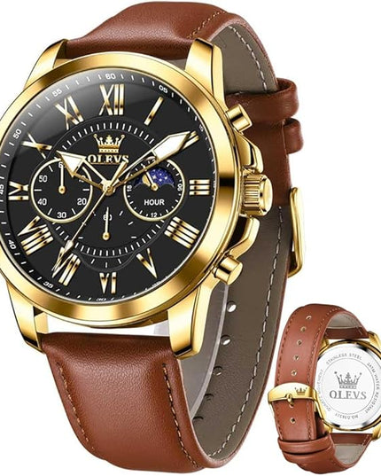 OLEVS Men's Watches Leather Strap Analog Quartz Watch, Fashion Big Dial Date Waterproof Watch, Dress Luxury Luminous Men Watches