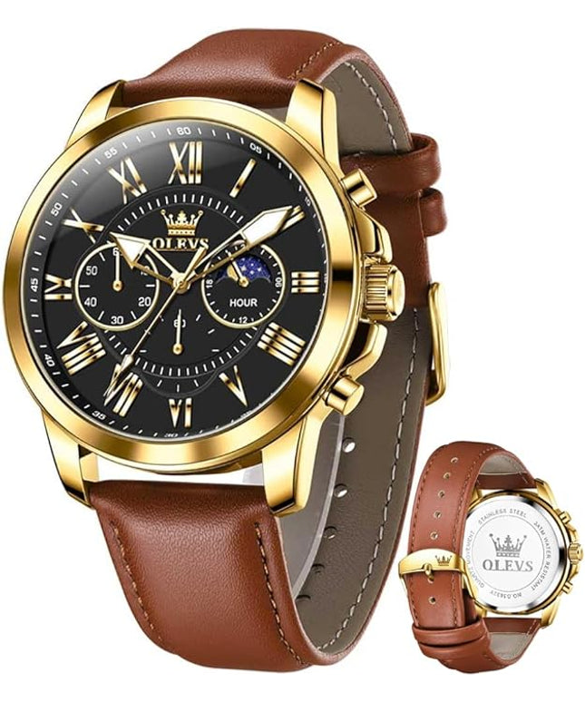 OLEVS Men's Watches Leather Strap Analog Quartz Watch, Fashion Big Dial Date Waterproof Watch, Dress Luxury Luminous Men Watches