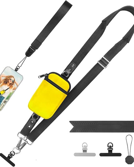 Clip and Go Strap for Phone With Wallet Crossbody (Detachable RFID Blocking Wallet) - Adjustable Phone Lanyard Crossbody with 360° Rotatable Tether Tabs for All Phones (Yellow)