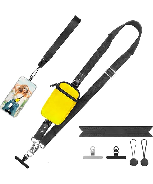 Clip and Go Strap for Phone With Wallet Crossbody (Detachable RFID Blocking Wallet) - Adjustable Phone Lanyard Crossbody with 360° Rotatable Tether Tabs for All Phones (Yellow)