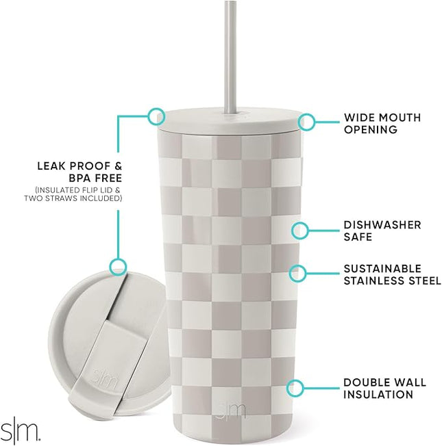 Simple Modern Insulated Tumbler with Lid and Straw | Iced Coffee Cup Reusable Stainless Steel Water Bottle Travel Mug | Gifts for Women Men Her Him | Classic Collection | 20oz | Checkmate