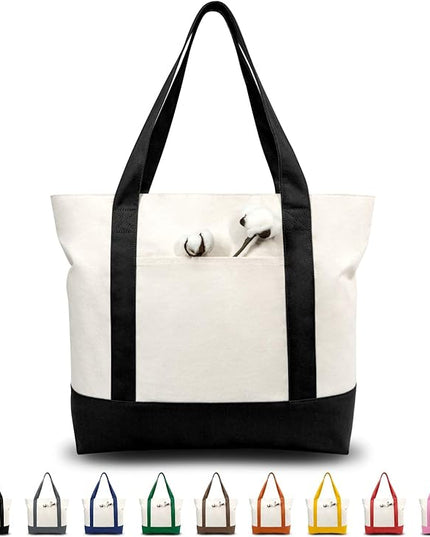 TOPDesign 1 | 3 | 6 | 30 Pack Canvas Tote Bag with an External Pocket, Reusable Grocery Shopping Bag, Top Zipper Closure, Daily Essentials (Black/Natural Pack of 1)