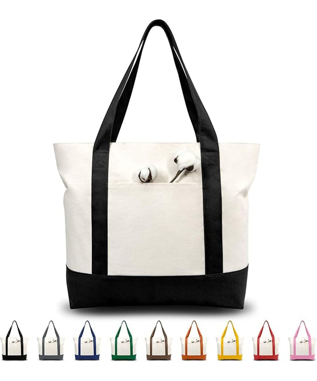 TOPDesign 1 | 3 | 6 | 30 Pack Canvas Tote Bag with an External Pocket, Reusable Grocery Shopping Bag, Top Zipper Closure, Daily Essentials (Black/Natural Pack of 1)