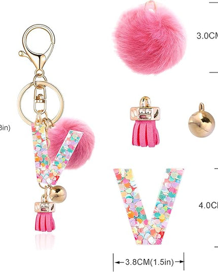 Resin Alphabet Initial Letter Keychain Keyring for Women Purse Handbags With Fur Ball Pom