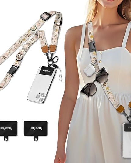 Phone Lanyard Crossbody, Boho Rainbow Cell Phone Strap for Around The Neck Adjustable, Leaf Sun Moon Teacher Anti Theft Cute Lanyard for iPhone Case ID Holder Keys Accessories Travel Essential