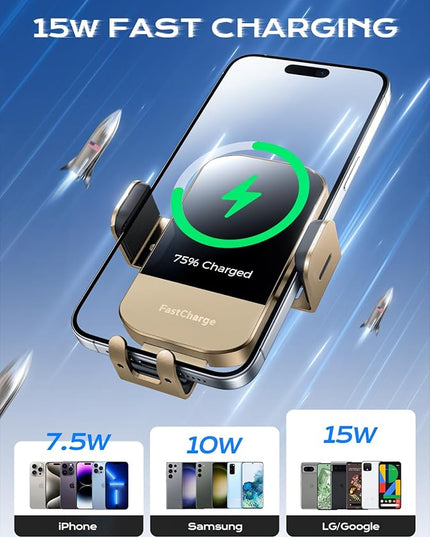 CHGeek Wireless Car Charger, 15W Fast Charging Auto Clamping Car Charger Phone Mount Phone Holder fit for iPhone 15 14 13 12 11 Pro Max Xs, Samsung Galaxy S25 Ultra S24 S23 S22, S21, S20, Golden
