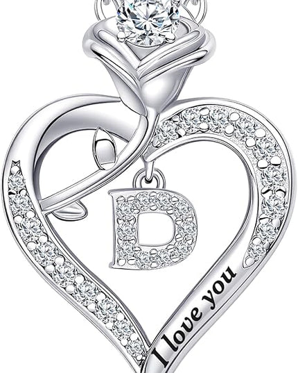 Rose Heart Pendant Necklace Gifts for Wife, Engraved 'I love you' Gift for Wife Girlfriend, Anniversary Birthday Eternity Jewelry Present for Women, Moissanite Necklace Gift for Her