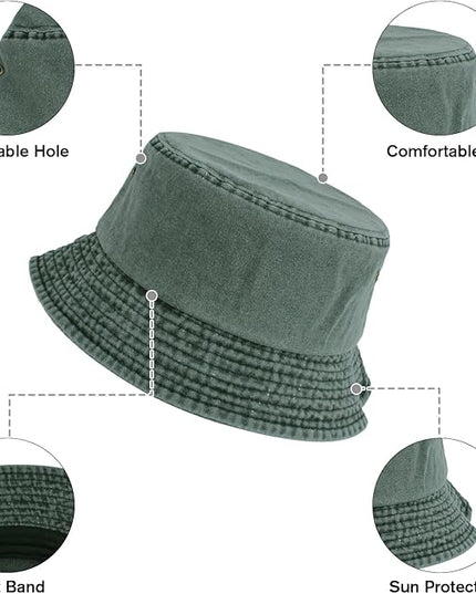 kozinu Washed Cotton Bucket Hats Packable Summer Outdoor Cap Travel Beach Sun Hat Plain Colors for Men Women