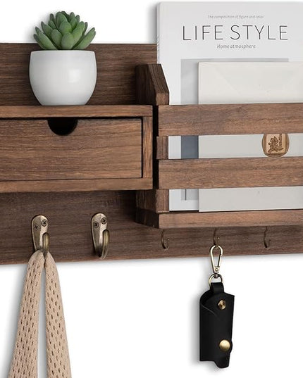 Lwenki Wall Mount Key Holder with Mail Organizer, 100% Paulownia Wood, 7 Metal Hooks, Storage Drawer, Entryway Home Decor (Brown)