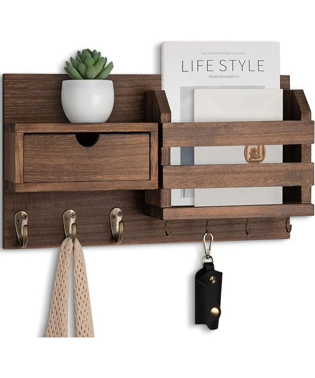 Lwenki Wall Mount Key Holder with Mail Organizer, 100% Paulownia Wood, 7 Metal Hooks, Storage Drawer, Entryway Home Decor (Brown)