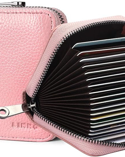 Linno RFID 20 Slots Credit Card Holder Genuine Leather Small Wallet for Women or Men with Zipper