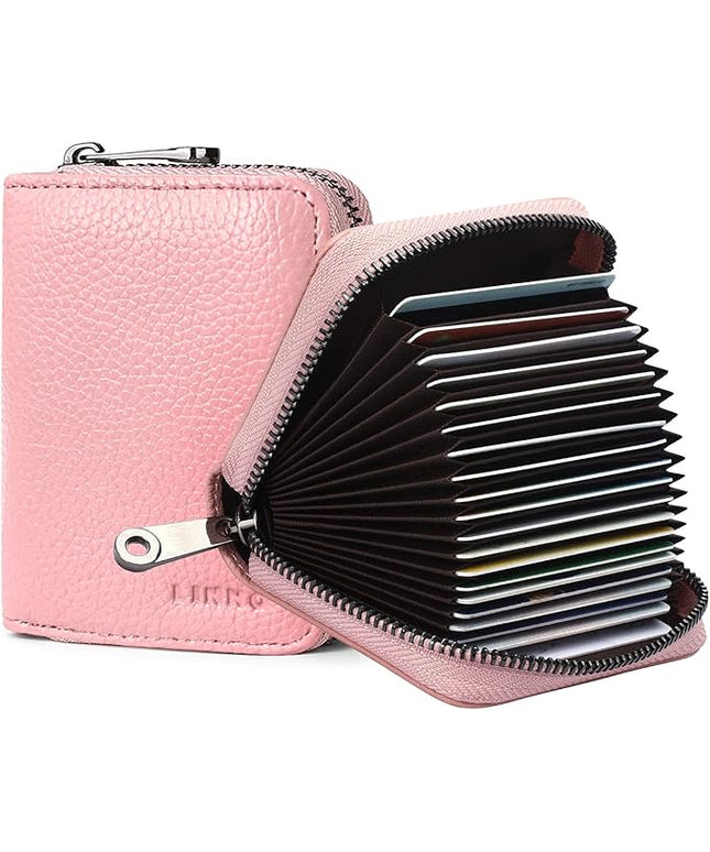Linno RFID 20 Slots Credit Card Holder Genuine Leather Small Wallet for Women or Men with Zipper