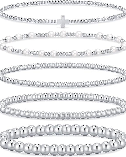 Gold Beaded Bracelets for Women, 14K Real Gold Plated Jewelry for Women Dainty Pearl Bead Bracelets Stack, Non Tarnish Trendy Stackable Ball Cross Stretch Bracelet Set Fashion Accessories Gifts
