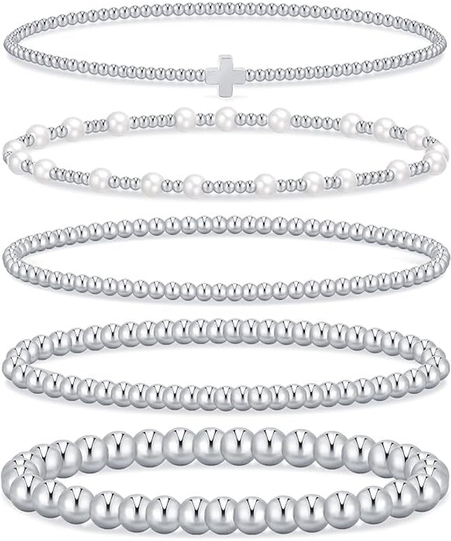 Gold Beaded Bracelets for Women, 14K Real Gold Plated Jewelry for Women Dainty Pearl Bead Bracelets Stack, Non Tarnish Trendy Stackable Ball Cross Stretch Bracelet Set Fashion Accessories Gifts