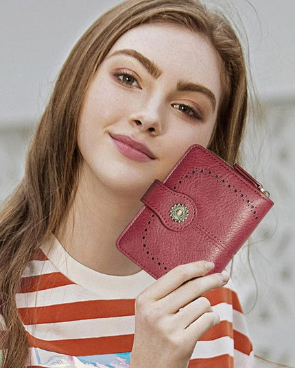 TFKGS Small Womens Wallet Leather RFID Blocking Bifold Compact Card Holder Ladies Zipper Accordion Pocket with ID Window Red