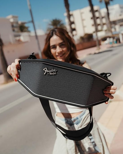 Fender x Teufel ROCKSTER CROSS Portable Wireless Bluetooth Speaker – Rugged, Waterproof, 16 Hours of Battery, Powerful Stereo Sound, Subwoofer, Built-in Power Bank, Fender Guitar Strap (Black & Steel)
