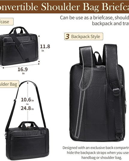 Faux Leather Messenger Bag for Men 17-17.3 Inch: Convertible 3 in 1 Backpack Laptop Briefcase Computer Handbags Shoulder CrossbodyBag with Padded for Work College Travel, PU Black