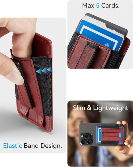 BIAJIYA Phone Wallet Sticky Back with Stand - Holds 6 Cards for iPhone & Samsung, Ultra Thin Leather & Stretch Fabric Card Holder (WinRed)