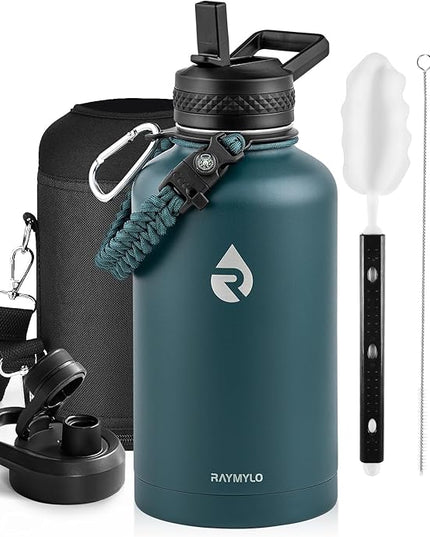 Insulated Water Bottle 64 oz, Triple Wall Vacuum Stainless Steel (Cold for 48 Hrs), Leak Proof & Non-BPA, Half Gallon Water Flask Jug with Paracord Handle & Straw Spout Lids, Dark Green