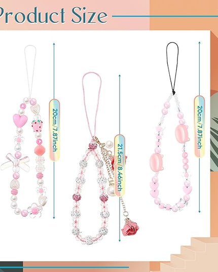 Ecally 3 Pcs Phone Charms Strap Camera Charm Strap Pearl Beaded Butterfly Bow Flower Cute Phone Wrist Lanyard Bracelet for Camera Keychain Wallet Decor Christmas New Year Gifts