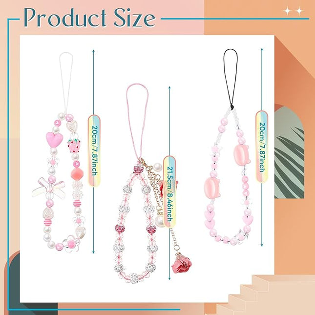 Ecally 3 Pcs Phone Charms Strap Camera Charm Strap Pearl Beaded Butterfly Bow Flower Cute Phone Wrist Lanyard Bracelet for Camera Keychain Wallet Decor Christmas New Year Gifts