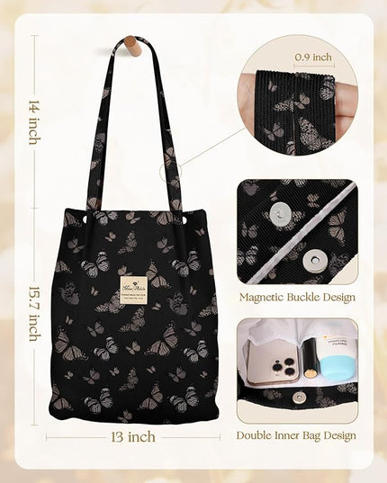 Corduroy Tote Bag for Women - Reusable Totes with Pocket & Buckle Cute Aesthetic Shoulder Bag for Work Travel