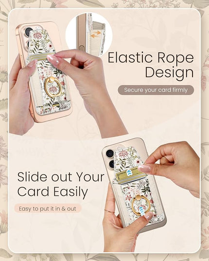 Shorogyt Compatible with Magsafe Wallet with Grip Magnetic Card Holder - Cute Phone Wallets with Ring Stand for iPhone 17/16/15/14/13/12 Series for Women Girls Flowers Design, Fit 7 Cards