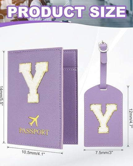 PATIKIL Passport Holder for Travel, Initial Passport Cover and Luggage Tag Set with Alphabet Chenille Letter Patch Travel Wallet Bag Suitcase Identifier for Women Family Travel Purple Y