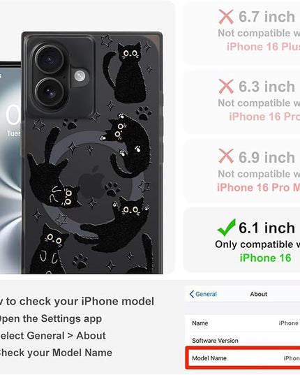 Cute Case for iPhone 16 Case for Women Girls Boys [Compatible with Magsafe] Kawaii Black Cats Cat Pattern Design, Aesthetic Girly Animal Rectangle Magnetic Protective Phone Cover