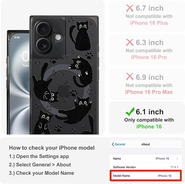 Cute Case for iPhone 16 Case for Women Girls Boys [Compatible with Magsafe] Kawaii Black Cats Cat Pattern Design, Aesthetic Girly Animal Rectangle Magnetic Protective Phone Cover